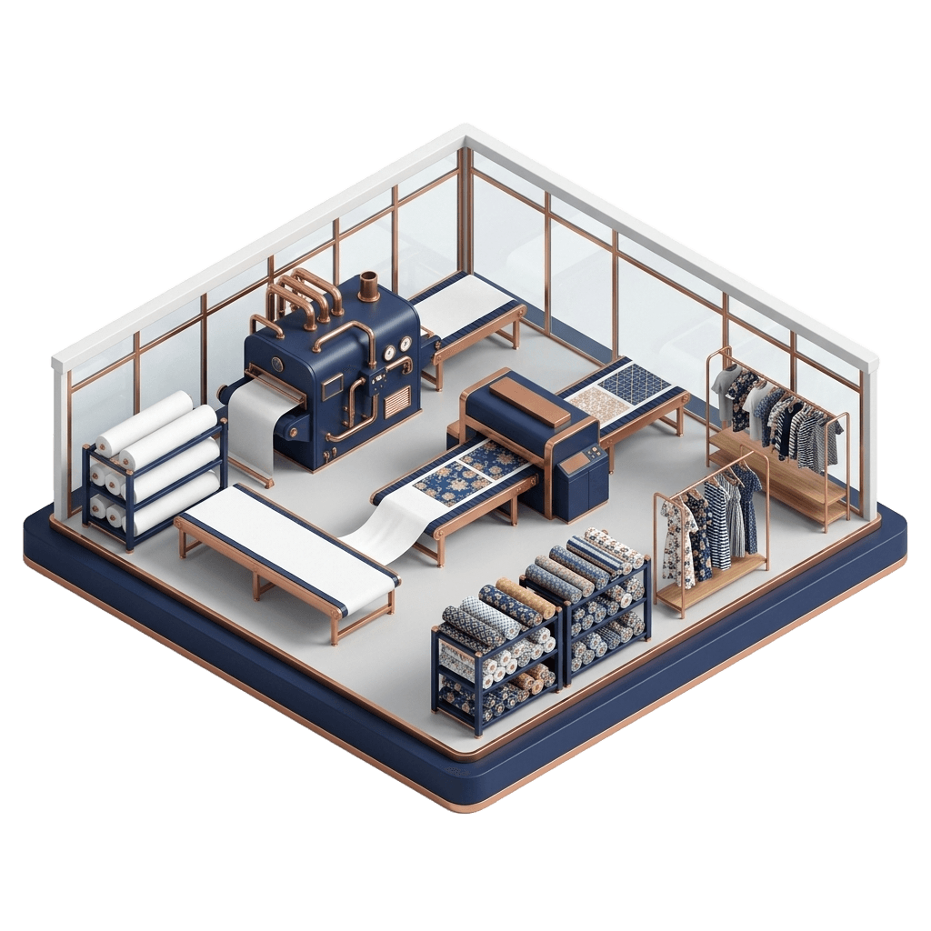 Shrinathji Marketing — isometric factory showing paper roll processing, slitting, and printing workflow